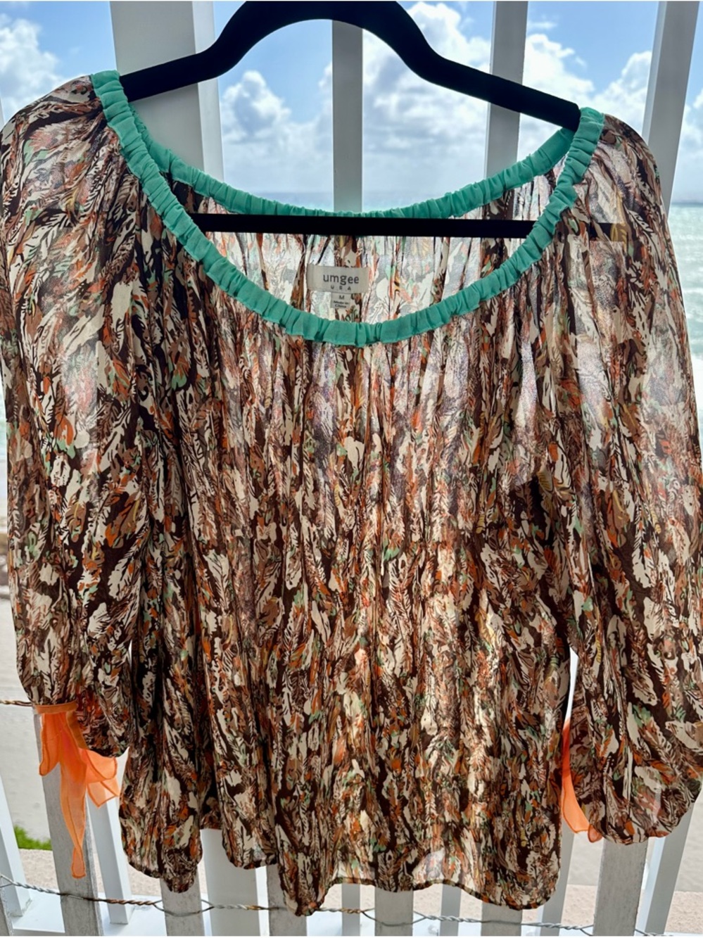 Umgee Brown Multi-Print Peasant Top with Turquoise Trim